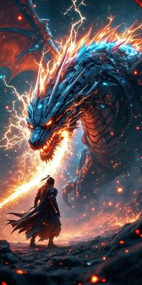 The primary subject of the image is a dragon, which is the main object, scene, or focus of the image. The dragon is surrounded by a setting that includes a man and a sword. The visual style of the image is digital art, as it is a digital illustration. The dominant colors in the image are red and blue, creating a fiery and intense atmosphere.